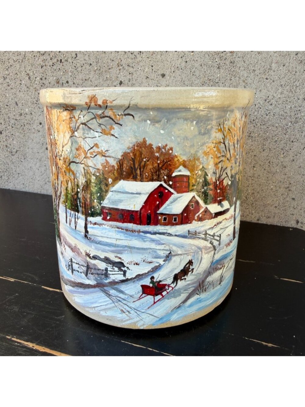 VTG RRP Co Roseville Ohio Hand Painted Christmas Barn Horse Crock Utensil Holder